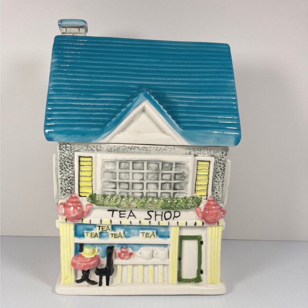 Vintage Style Ceramic Tea Shop House Cookie Jar Blue Roof Cottagecore Decor 9in